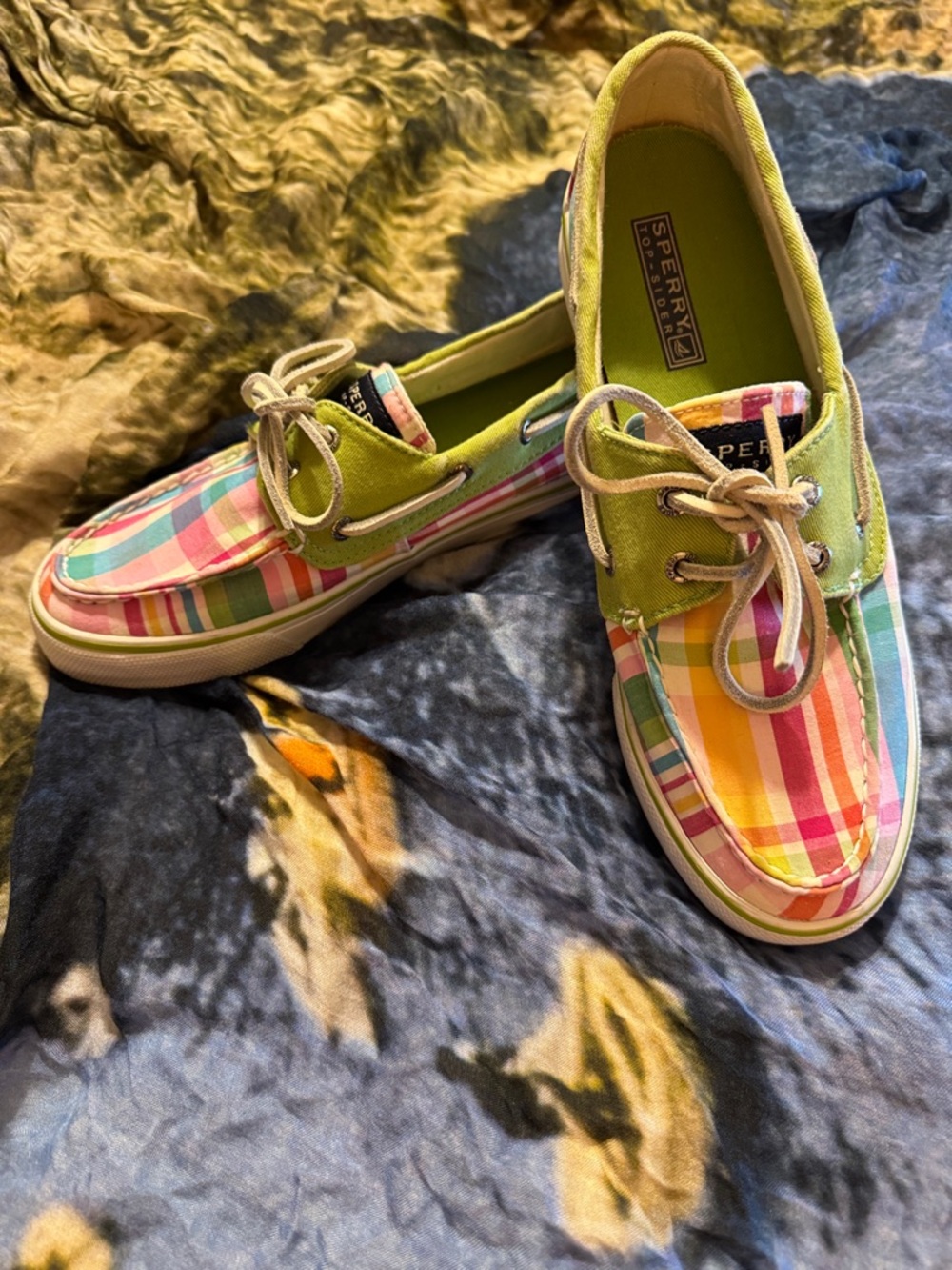 SOLD******* Pastel Plaid Boat Shoes with Lime Green Trim